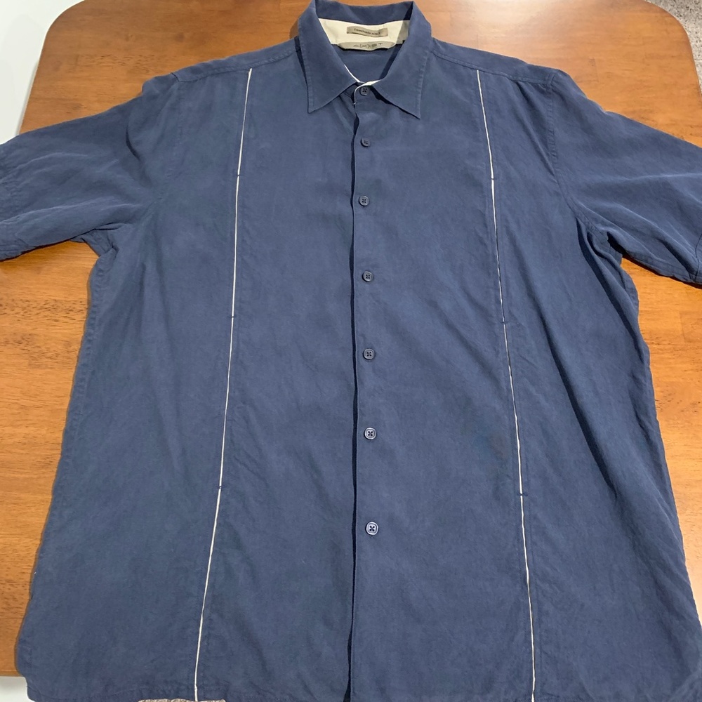 Men's Axist Blue/Navy Silk Short Sleeve Button-Down Shirt Size Large